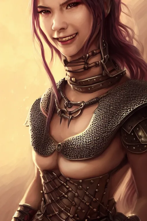 Image similar to Portrait of seductive female fighter, D&D, revealing stylish dress like chainmail and metal plate armor, choker on neck, very long flowing hair, mouth slightly open, cute slightly nerdy smile, fantasy, intricate, elegant, stylish, highly detailed, digital painting, artstation, concept art, smooth, sharp focus, illustration, art by artgerm and greg rutkowski and alphonse mucha