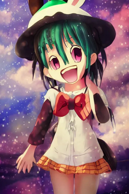 Image similar to Poster of tonemapped Smiling anime girl with bunny hat in the style of Makoto Shinkai and Yun Koga