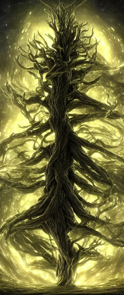 Prompt: Sheets of Star Twist recursively into a plasma hybrid Tree Form, The Grand Galaxy GodFather Treebeard End; Lord of the Rings; from dungeons and dragons and art direction by James Cameron ;by artgerm; wayne reynolds art station; cinematic quality character render; low angle; ultra high quality model; production quality cinema model; 4K; 8K; Grand, epic masterpiece, cinematic