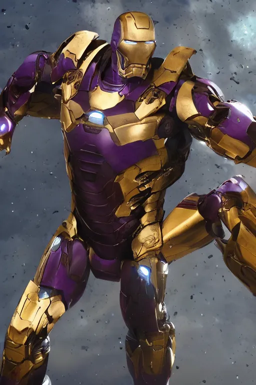 Image similar to thanos in a damaged and broken iron man suit, cinematic, volumetric lighting, f 8 aperture, cinematic eastman 5 3 8 4 film, photorealistic