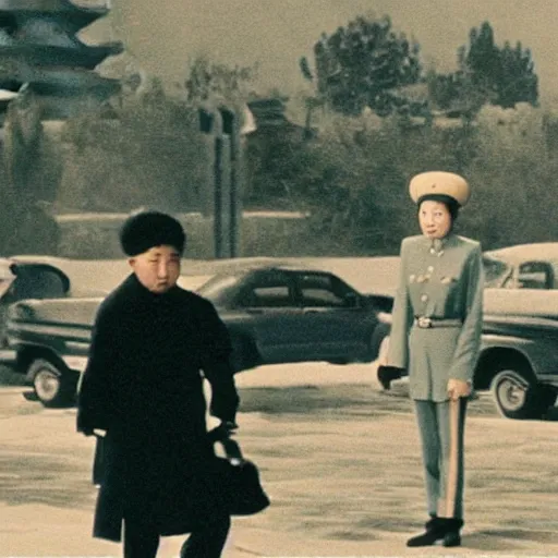 Image similar to a film still of a north korean film noir, video compression, ripple effect