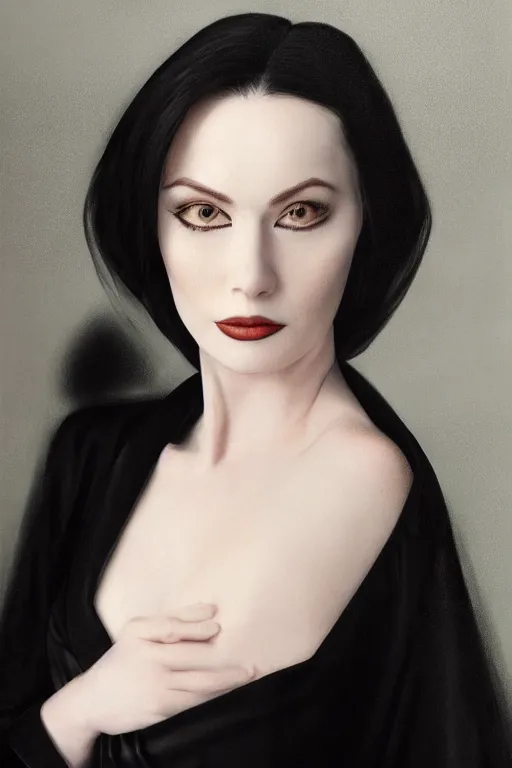 Image similar to hyper - realistic close - up portrait of a modern woman, pale skin, in a black silk robe, in the retrofuturism style