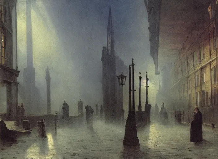 Image similar to 1 9 th century london, art by caspar david friedrich, thomas lawrence, john martin, dark, shady alleys, pub, pub sign, floor fog, coherent composition,