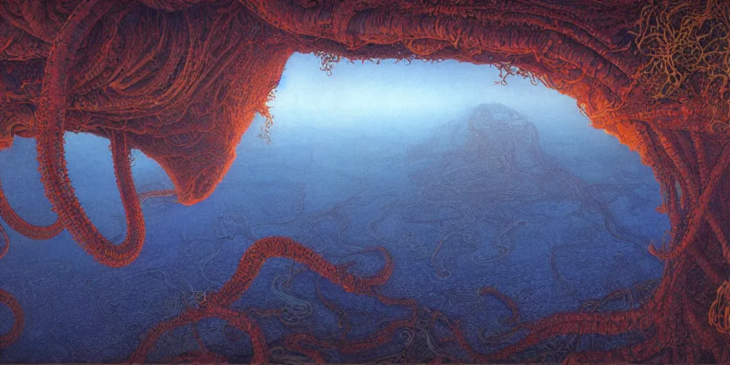 Image similar to Artwork by John Howe of the cinematic view of Jojunan, a breathtaking plane of jungles of blue tentacles, radioactive lakes, and desert valleys, lit by a warm orange twilight.