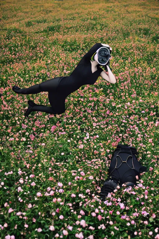 Prompt: a surreal portrait of a woman wearing gas mask diving into the ground of black flowers in the style of brooke didonato, editorial fashion photography from vogue magazine, full shot, nikon d 8 1 0, ƒ / 2. 5, focal length : 8 5. 0 mm, exposure time : 1 / 8 0 0, iso : 2 0 0