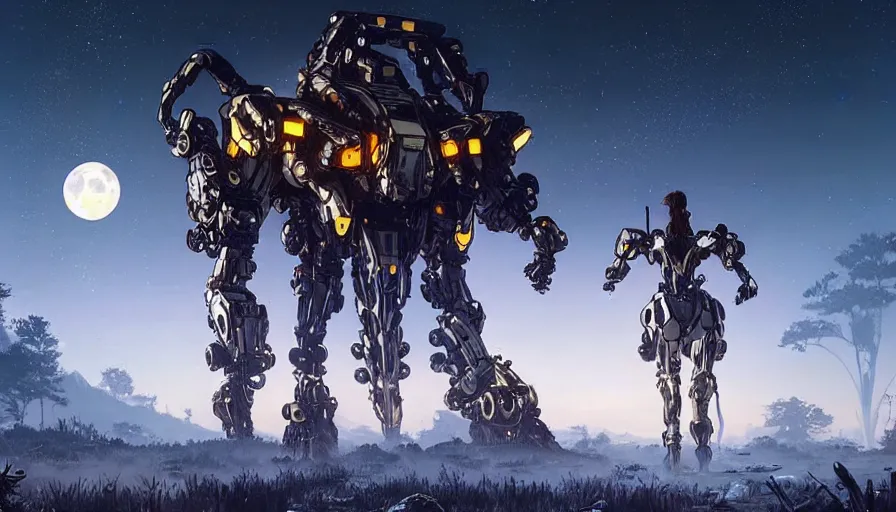 Prompt: large walking mech covered in reflective gold and silver armor, 'bubblegum crisis' and horizon zero dawn aesthetic, beautiful moon lit night, many glowing lights, beautiful forests and trees, intricate detail, epic wallpaper, art by darek zabrocki and John Park and Feng Zhu and Jason Chan, trending on artstation, masterpiece.