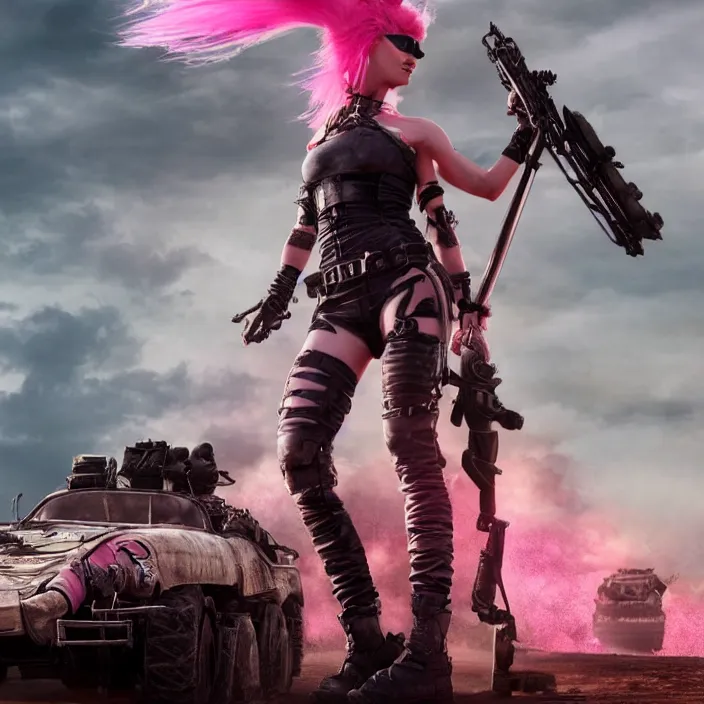 Prompt: beautiful apocalyptic woman with pink Mohawk, standing on mad max panzer tank, 4k ultra hd, fantasy dark art, smooth, artstation, octane render