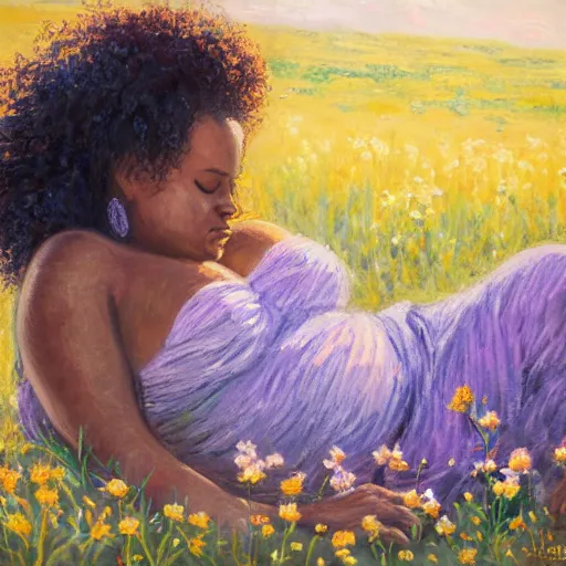 Prompt: pregnant east african woman with curly hair in a vast field of flowers with a tiny black puppy, laying down, looking into the distance, golden hour, vintage, impressionist painting, fine art, oil painting, dreamy, pastel, laughing, happy, intricate details, sharp, peaceful, serene