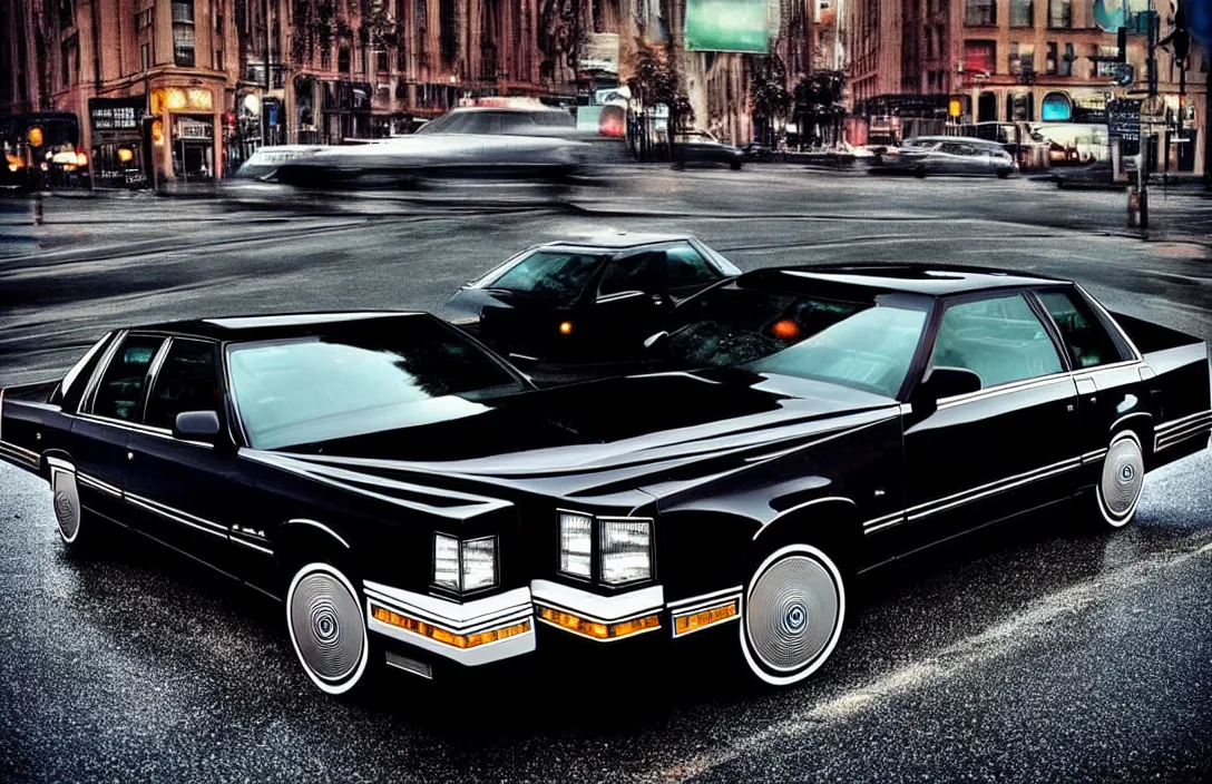 Image similar to hyper realistic, high detail real life photo of black 1 9 9 2 cadillac de ville, city streets wet, beautiful, dreary lighting