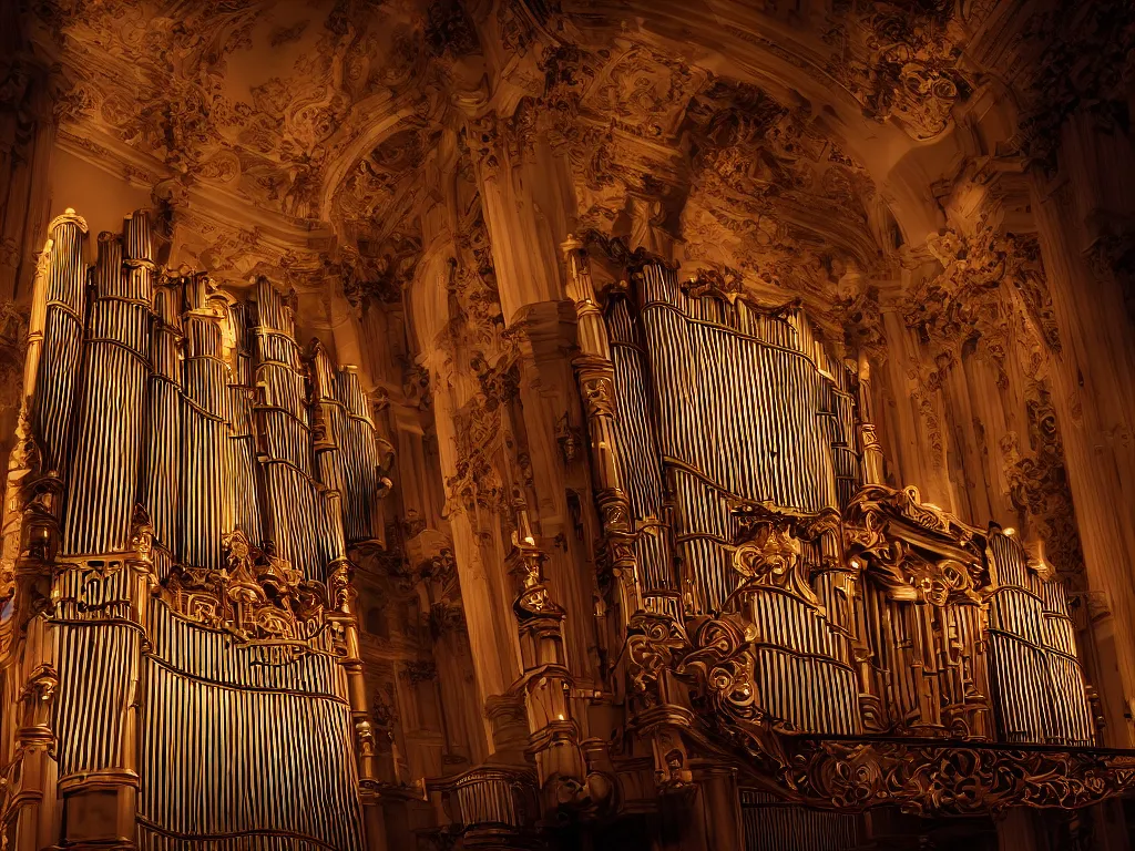 Prompt: hyper realistic photo of a luxury pipe organ volumetric lights