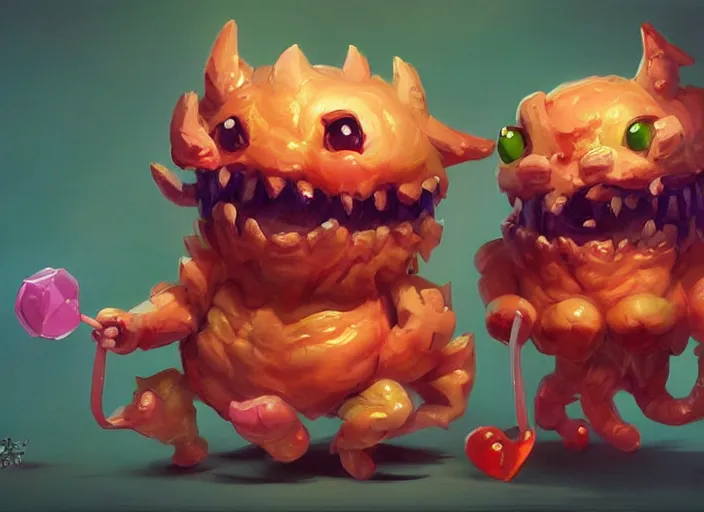 Image similar to concept art of cute candy monsters, oil painting by Jama Jurabaev, extremely detailed, brush hard, artstation, for AAA game, high quality