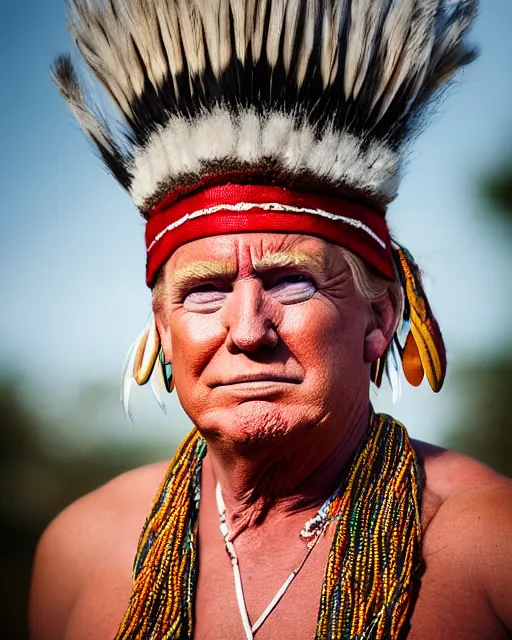 Prompt: a portrait photograph of Donald Trump as a tribal chief from the stone age, DSLR photography