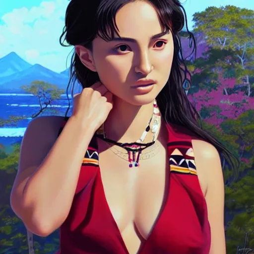 Image similar to a beautiful young japanese natalie portman alluring gravure model, stylized concept art, wearing elegant designer bomber jacket and one piece bikini, bomber jacket with mesoamerican patterns, mesoamerican native street fashion, princess mononoke, painted by ilya kuvshinov aesthetic, gorgeous, stunning, alluring, attractive, artstation, pinterest, digital art
