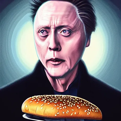 Image similar to portrait of Christopher Walken violently stabbing a hamburger, extra onions and ketchup, luscious patty with sesame seeds, feminine ethereal, delicate fingers, subsurface scattering skin, handsome, D&D, fantasy, intricate, elegant, highly detailed, digital painting, artstation, concept art, matte, sharp focus, illustration, art by Artgerm and Greg Rutkowski and Alphonse Mucha