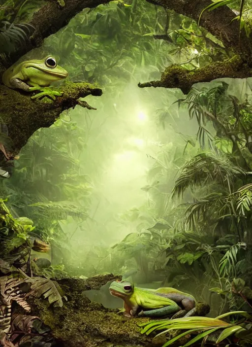 Image similar to a beautiful matte painting of a green frog in the jungle, kambo