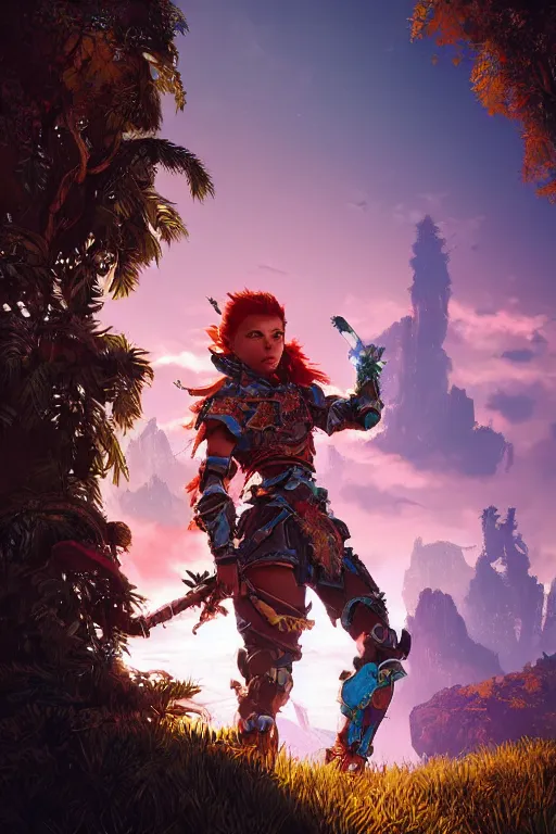 Image similar to combination suit armor aloy horizon forbidden west horizon zero dawn radiating a glowing aura global illumination ray tracing hdr fanart arstation by ian pesty and alena aenami artworks in 4 k tribal robot ninja mask helmet backpack