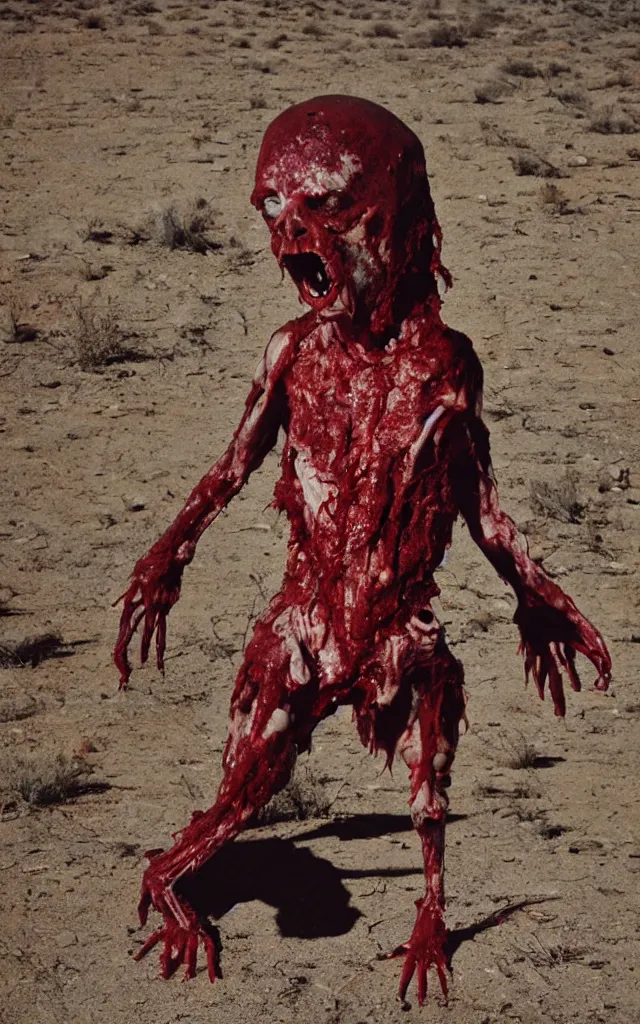 Image similar to in the desert a bloody gross horrifying The Thing creature made of muscle and bone and blood stares at the camera, eating, mid day, 35mm photography, realistic,