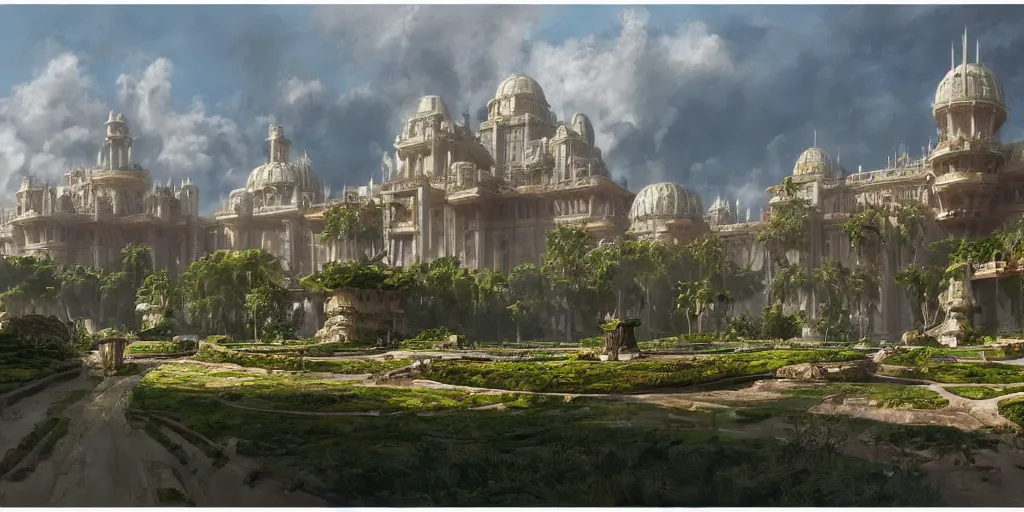 Image similar to an environmental concept art of theed on naboo, highly detailed, environmental light, cinematic by francis tneh