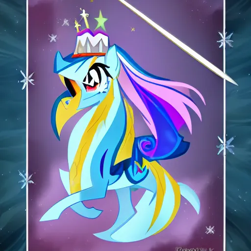 Image similar to evil ice wizard with an ice crown and blue beard and sword riding a pony in the style of my little pony : friendship is magic