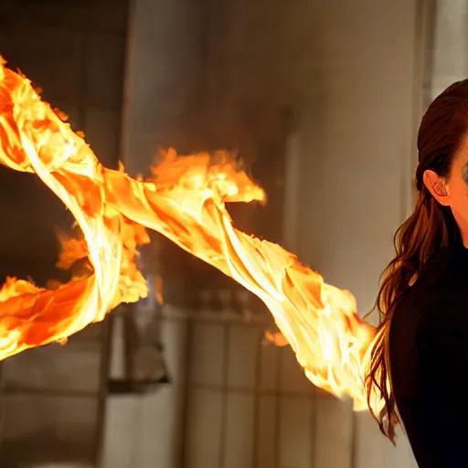 Image similar to Emma Watson in suit made of fire, 8k UHD, studio photography, high quality, high detail, stunning lighting