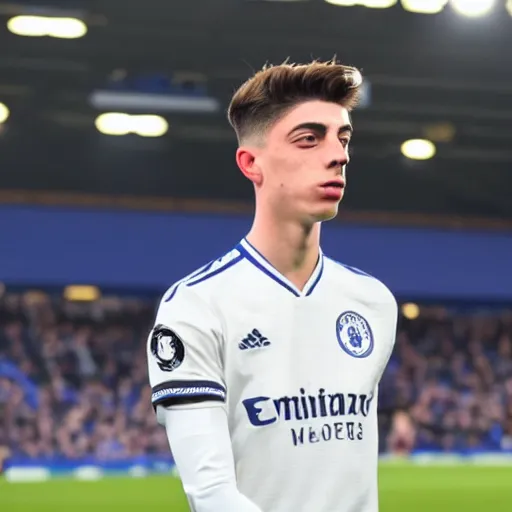 Prompt: kai havertz walking into the stamford bridge stadium, crowd cheering, bright lights, clear image, award winning dslr photography, global illumination, radiant lighting