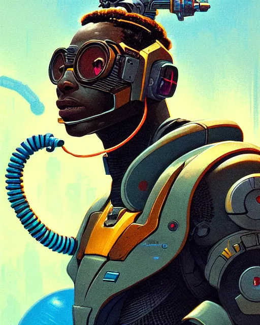 Image similar to baptiste from overwatch, character portrait, portrait, close up, concept art, intricate details, highly detailed, vintage sci - fi poster, retro future, in the style of chris foss, rodger dean, moebius, michael whelan, and gustave dore