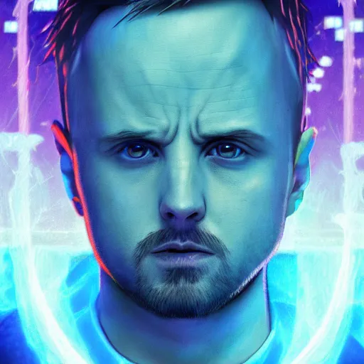 Image similar to portrait of jesse pinkman in the blue flame meth mode, anime fantasy illustration by tomoyuki yamasaki, kyoto studio, madhouse, ufotable, square enix, cinematic lighting, trending on artstation