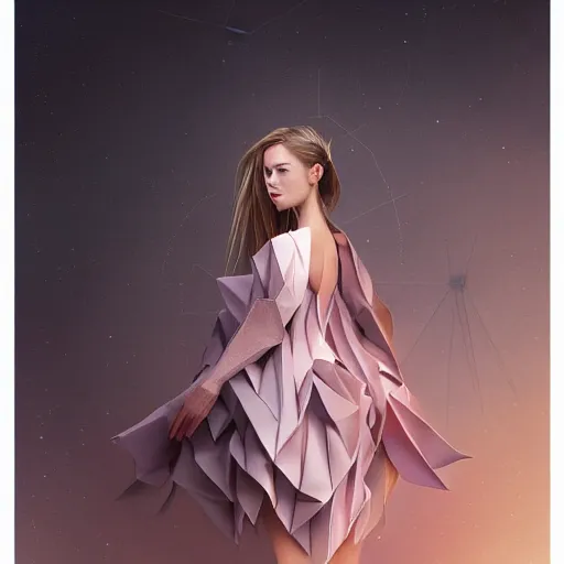 Prompt: 3 / 4 view of a beautiful girl wearing an origami dress, eye - level medium shot, elegant, by esao andrews, by eiko ishioka, by peter mohrbacher, centered, high depth of field, origami, three - view reference sheet, detailed illustration, japanese, reallusion character creator, depth perception, 4 k, deviantart