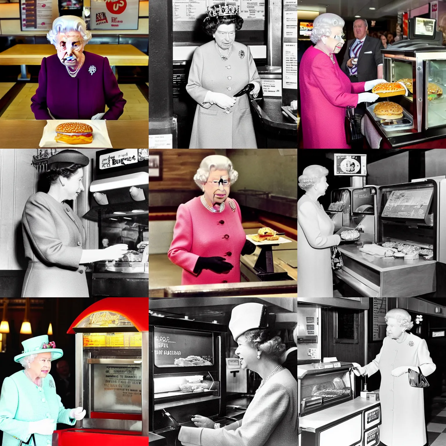 Prompt: Queen Elizabeth II ordering a burger at a fast food restaurant, 2020, 8k