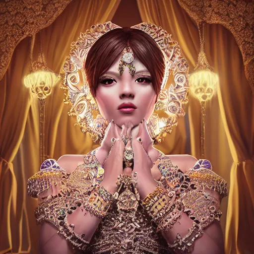 Prompt: portrait of pretty princess with perfect skin, beauty, glowing, ornate and intricate diamond jewelry, jaw dropping, ornate and intricate backdrop, white accent lighting, hyper detailed, 4 k octane render