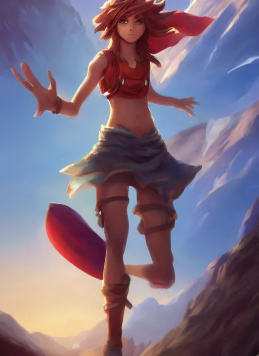 Image similar to youthful taliyah, from league of legends, au naturel, with abs, rock surfer, hyper detailed, mountain background, digital art, trending in artstation, cinematic lighting, studio quality, smooth render, unreal engine 5 rendered, octane rendered, art style by klimt and nixeu and ian sprigger and wlop and krenz cushart