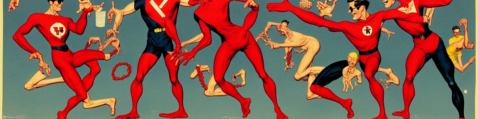 Prompt: plasticman showing off his weird limbs illustrated by norman rockwell with very long hands and arms and fingers and legs and feet twirling and twisting around on a very sunny day in another dimension, funny, silly