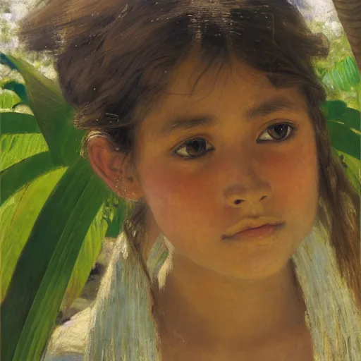 Prompt: a ultradetailed beautiful painting of a girl in amazonas by jules bastien - lepage, hans belmer, frank weston and gustave baumann, trending on artstation, mediterranean, palm trees, light sparkles, sharp focus, soft light