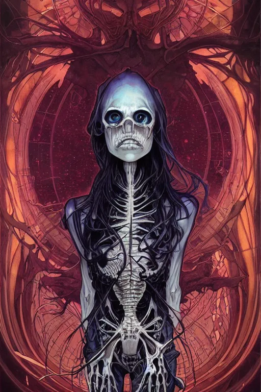 Image similar to artgerm, joshua middleton, mucha, beksinski, flourescent, heavy metal comic cover art, psychedelic triangular skeletal calcification fungus lich, full body, hollow eyes, symmetrical face, long black crown, in a dungeon background, moody dark colors