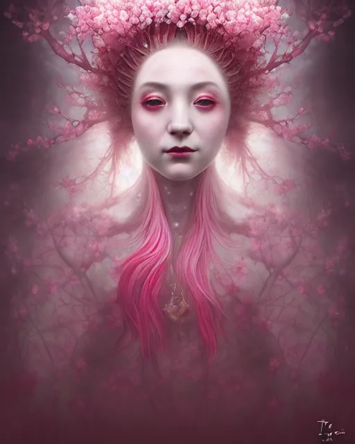 Prompt: Full View Portrait Mystical ethereal Cherry Tree deity made of Sakura blossoms wearing beautiful dress, Sakura Dryad made of Sakura beautiful dress with pink hair, 4k digital masterpiece by Tom Bagshaw and Alberto Seveso, in the style of Ruan Jia, fantasycore, Hyperdetailed, realistic oil on linen, soft lighting, Iconography background, featured on Artstation