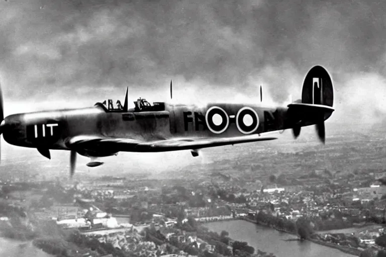 Prompt: spitfire with a flaming wing flying over a town 1940s britain