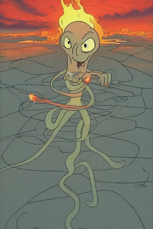 Image similar to squidward firebending outside at susnset, art by moebius