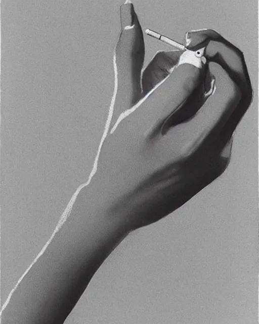 Image similar to you can see in the picture, acurate, real, elegant female hand, holding a cigarette, from the elbow, up to the elbow, only five fingers, separated, elegant, neat nails, realism, style by Maurits Cornelis Escher, 8k,