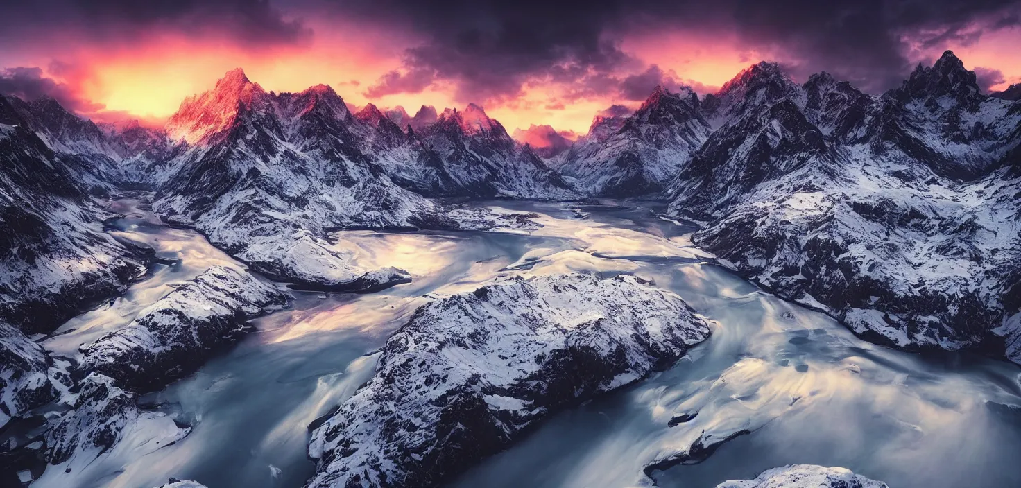 Prompt: amazing landscape photo of snowy mountains with river in sunset by max rive, beautiful dramatic lighting