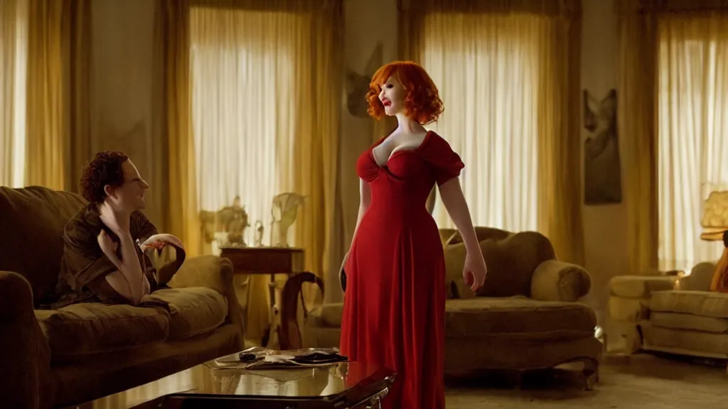 Image similar to a very happy beautiful Christina Hendricks in the living room, film still from the movie directed by Denis Villeneuve with art direction by Salvador Dalí, wide lens