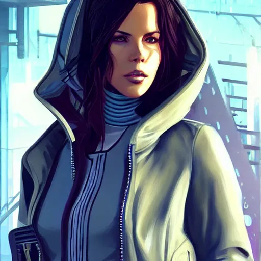 Image similar to a beautiful young kate beckinsale cyberpunk model, stylized concept art, wearing elegant designer jacket, bomber jacket with patterns, mesoamerican native street fashion, princess mononoke, painted by ilya kuvshinov aesthetic, gorgeous, stunning, alluring, attractive, artstation, pinterest, digital art.