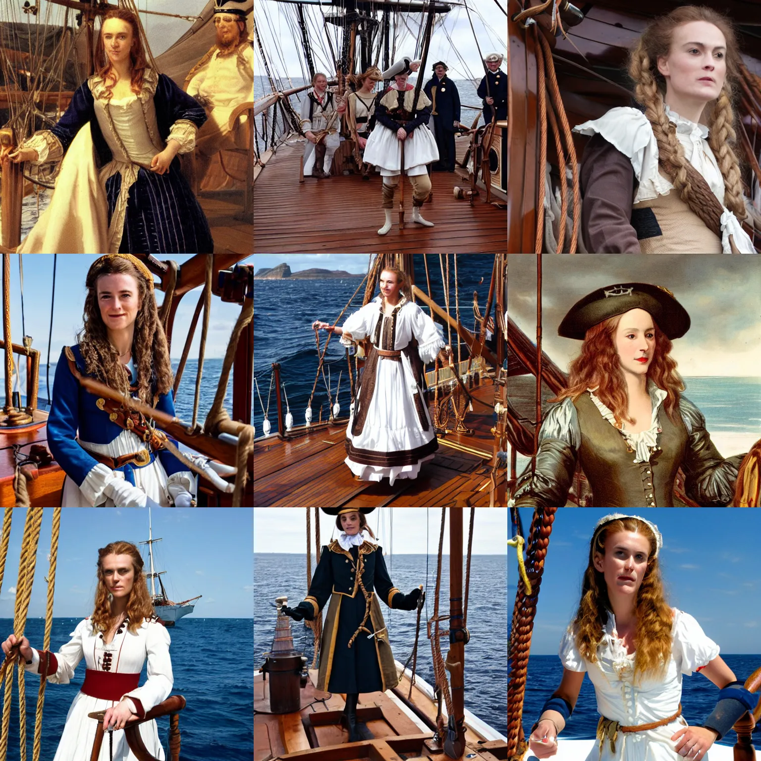 Prompt: Elizabeth Swann as a British Navy Admiral, on the deck of a wooden sailing ship