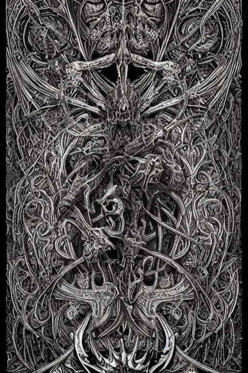 Prompt: lord of skulls, in style of Doom, in style of Midjourney, tarot card, mandelbulber fractal, insanely detailed and intricate vibrant black line work, golden ratio, elegant, gothic fog, ornate, horror, elite, ominous, haunting, matte painting, cinematic, cgsociety, James jean, Noah Bradley, Darius Zawadzki, vivid and vibrant