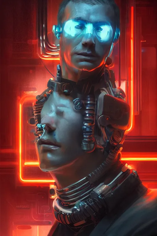 Image similar to illustration of an male cyberpunk character wearing bionic implants, criminal mugshot, highly detailed, oil on canvas, soft lighting, neon pastel colors, by WLOP and Greg Staples, HD, 4K