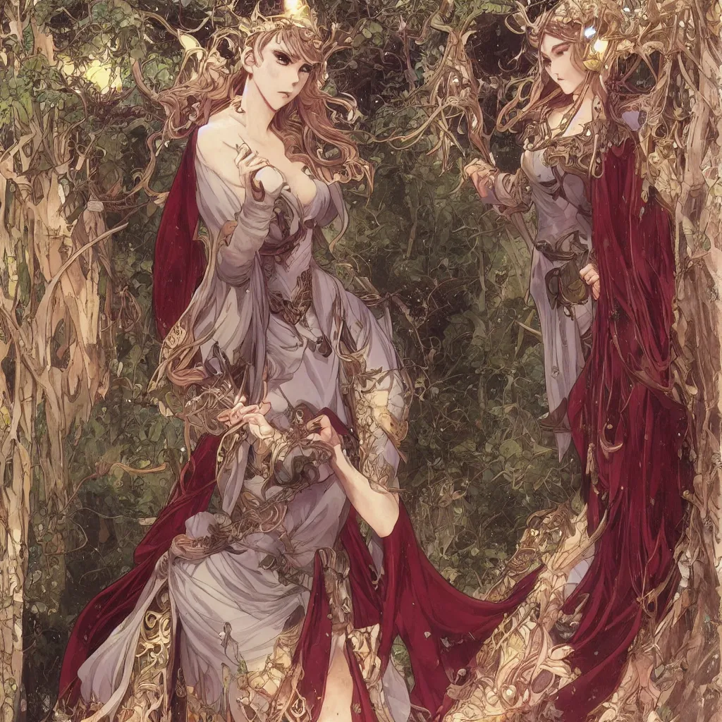 Image similar to anime key visual of amora the enchantress wearing a medieval gown!! intricate, magical forest, stunning, highly detailed, digital painting, artstation, smooth, hard focus, illustration, art by artgerm and greg rutkowski and alphonse mucha