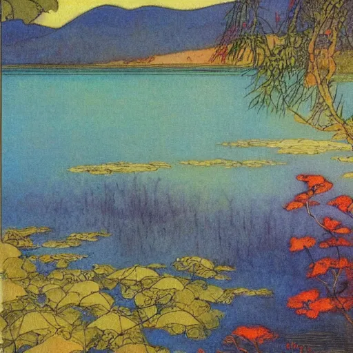 Image similar to unique sharp lake pan miso, by warwick goble and monsu desiderio, impressionism, groovy