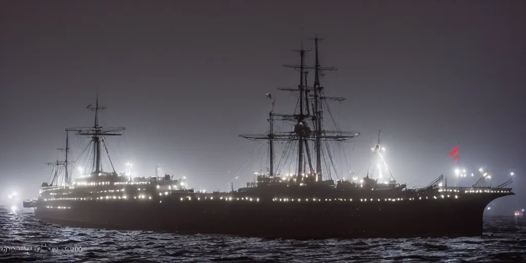 Prompt: bismarck sailing through thick fog at night, high detail, high definition, photorealistic, 8k