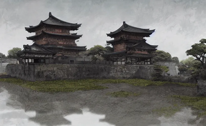 Prompt: detailed digital painting of old, ruined, japanese fort from sengoku period, overcast weather, environment concept art, photobash, overcast weather, unreal engine render, nanite