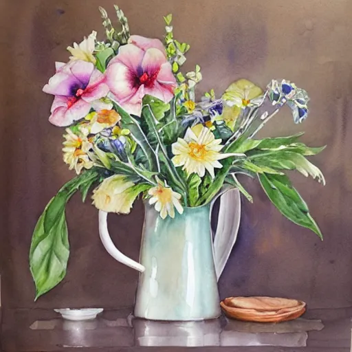 Image similar to watercolor kitchen with flowers by by marco mazzoni, by stephanie law,