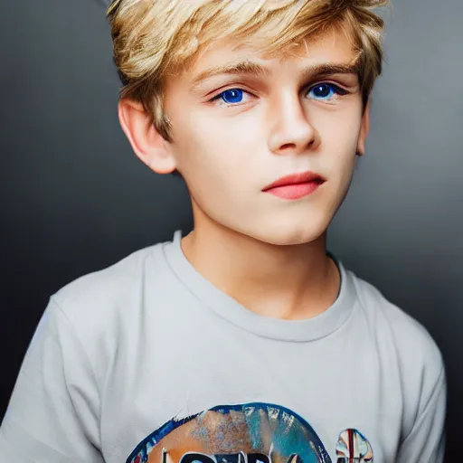 Image similar to a closeup portrait of a boy with blonde hair and brown eyes. Extremely clear and high quality eyes with reflection, realistic face and details, clear lips and high quality, real photo